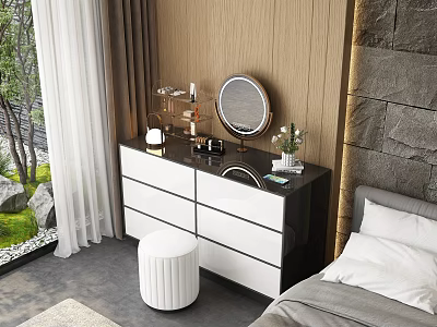 Elegant Black And White Dressing Table With Round Stool Mirror And Stone Wall 3d model