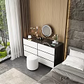 Elegant Black And White Dressing Table With Round Stool Mirror And Stone Wall