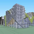 Modern Office Building With Glass Curtain Walls Unique Geometric Design and Green Accents