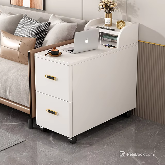 Modern White Entryway Cabinet Sideboard With Drawers On Wheels And Laptop Coffee Cup By Sofa 3d model 