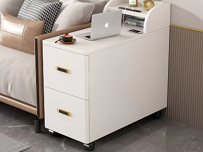 Modern White Entryway Cabinet Sideboard With Drawers On Wheels And Laptop Coffee Cup By Sofa 3d model