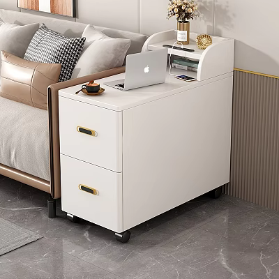 Modern White Entryway Cabinet Sideboard With Drawers On Wheels And Laptop Coffee Cup By Sofa 3d model