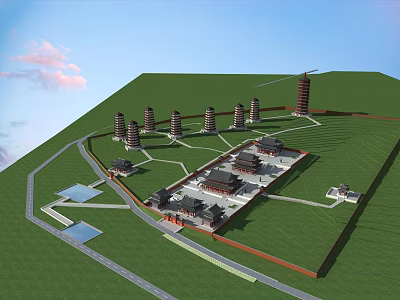Ancient Architecture Site Featuring Traditional Towers Historic Buildings Ponds And Green Grassland 3d model