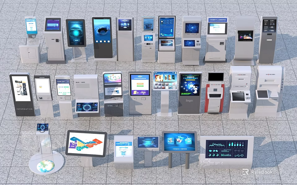 Public Facilities Featuring Various Self Service Kiosks And Touchscreen Information Terminals 3d model