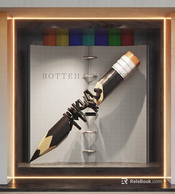 Shop Window Display Design Featuring Giant Pencil Grid Notebook And Colorful Blocks With Warm Lighting 3d model 