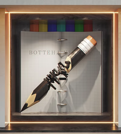 Shop Window Display Design Featuring Giant Pencil Grid Notebook And Colorful Blocks With Warm Lighting 3d model