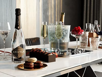 Wine Bottles and Wine Glasses on White Table with Ice Bucket Fresh Raspberries and Macarons 3d model