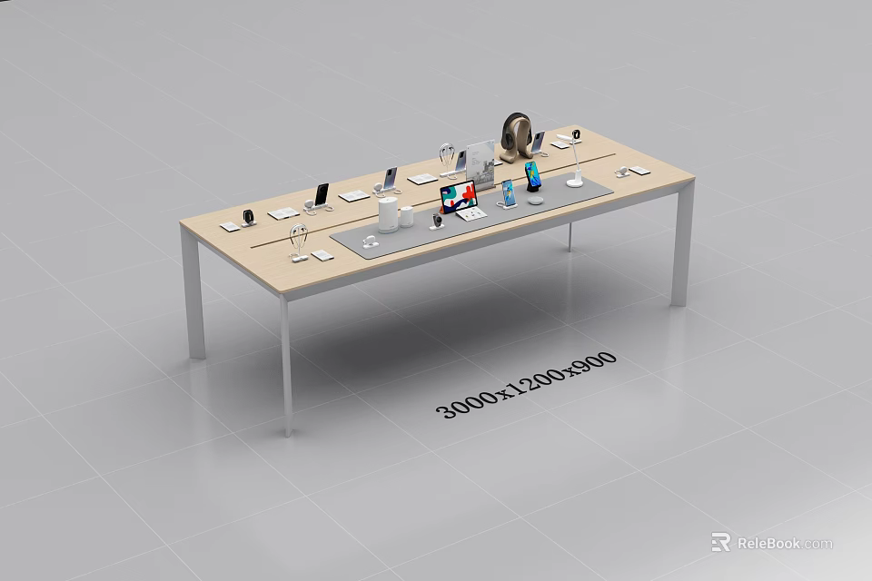 Modern Wooden Display Shelf with Smartphones Tablets and Headphones for Retail Product Showcase 3d model 