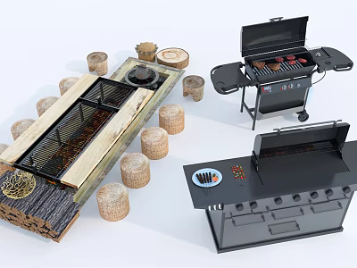 Outdoor Barbecue Setup With Grill Station Wooden Stools And Wood Logs 3d model