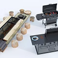 Outdoor Barbecue Setup With Grill Station Wooden Stools And Wood Logs