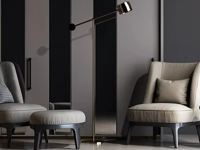 Modern Light Gray Armchair With Ottoman And Floor Lamp In Striped Wall Interior 3d model