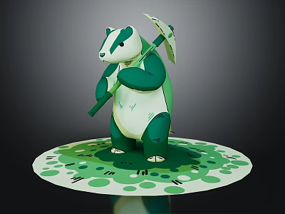 Cartoon Badger Character Standing And Holding Umbrella On Green Spotted Circular Base 3d model