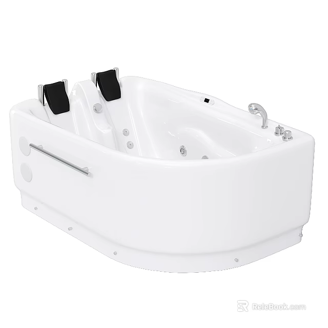 Modern White Bathtub With Massage Jets Black Headrests And Silver Faucet 3d model 