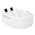 Modern White Bathtub With Massage Jets Black Headrests And Silver Faucet