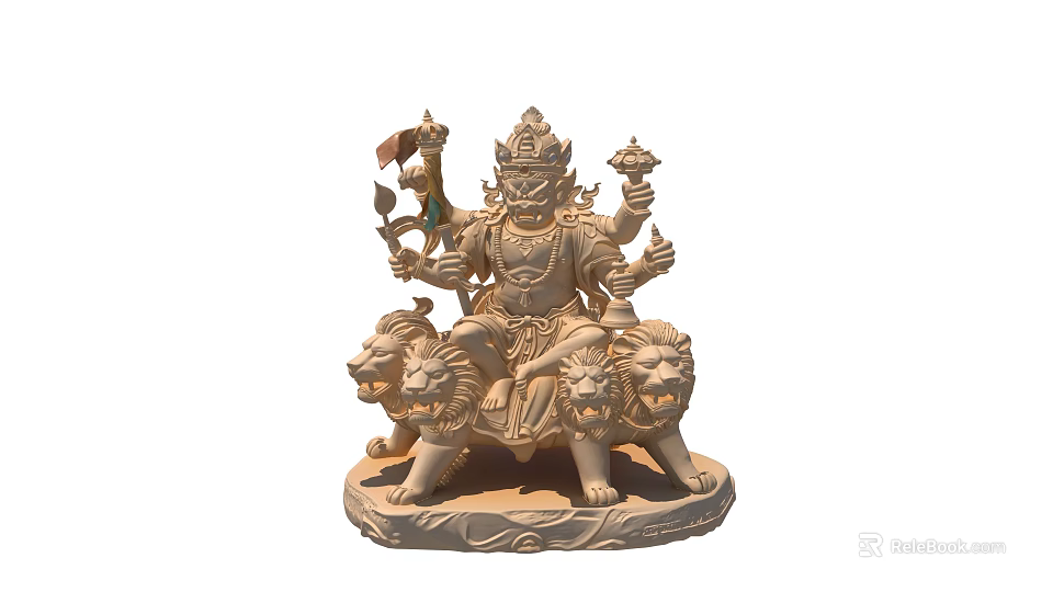 Intricate Multi Armed Deity Sculpture Carving Riding Lions With Holding Various Ritual Objects 3d model 