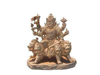 Intricate Multi Armed Deity Sculpture Carving Riding Lions With Holding Various Ritual Objects 3d model