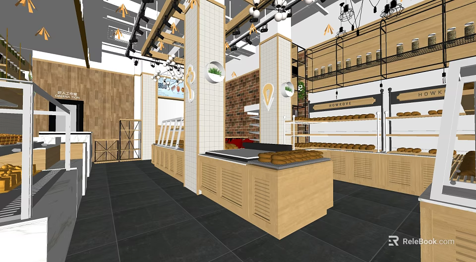 Dessert Shop Interior Featuring Wooden Display Counters Fresh Bread And Shelves 3d model