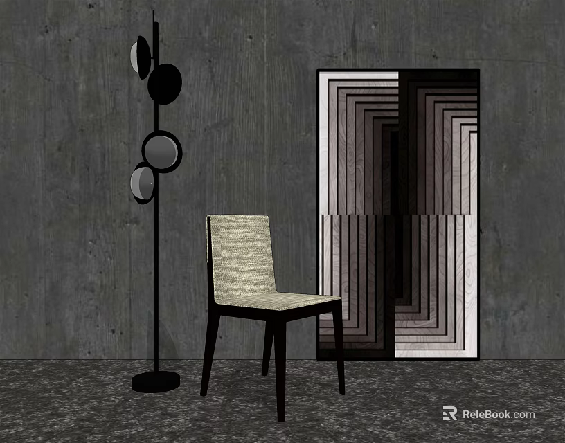Light Textured Leisure Chair With Black Floor Lamp And Geometric Pattern On Gray Concrete Wall 3d model 