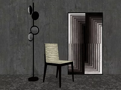 Light Textured Leisure Chair With Black Floor Lamp And Geometric Pattern On Gray Concrete Wall 3d model