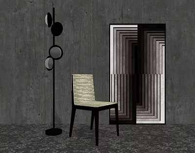 Light Textured Leisure Chair With Black Floor Lamp And Geometric Pattern On Gray Concrete Wall 3d model