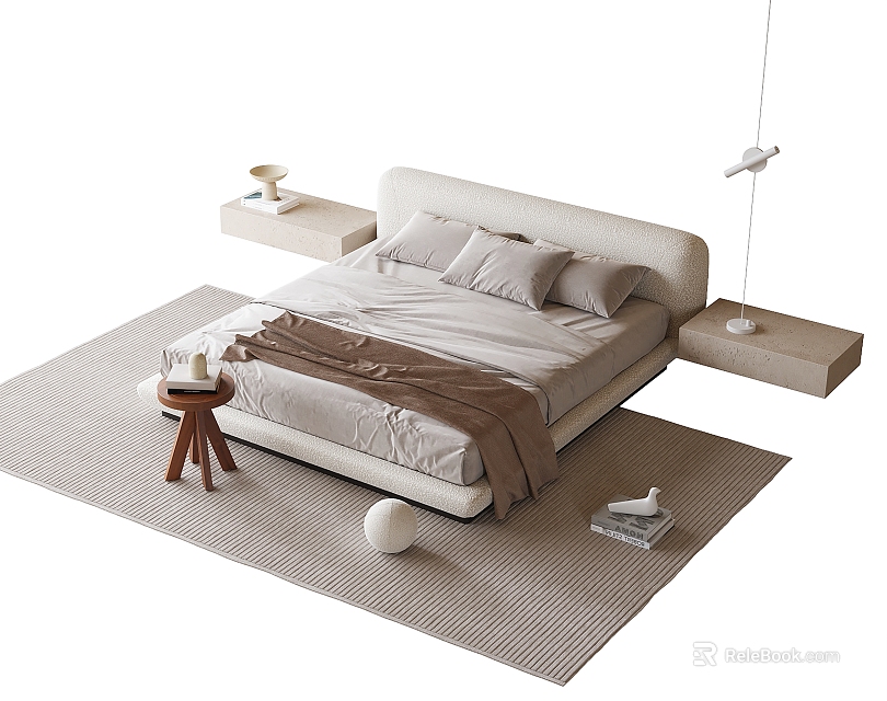Modern Double Bed Interior With Soft Bed Linens Wooden Nightstands And Area Rug 3d model 
