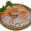 Fresh Seafood Platter In Bamboo Basket With Prawn Shells Ice And Green Garnish