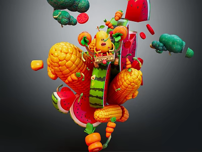 Vibrant Fresh Vegetables 3D Rendered Splashing With Corn Watermelon Carrots Broccoli And Tomatoes 3d model