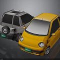Two Small Yellow and Silver Compact Cars with Modern Exterior Design