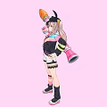 Woman With Rabbit Ears Holding Carrot Weapon In Black Top White Shorts Against Pink Background