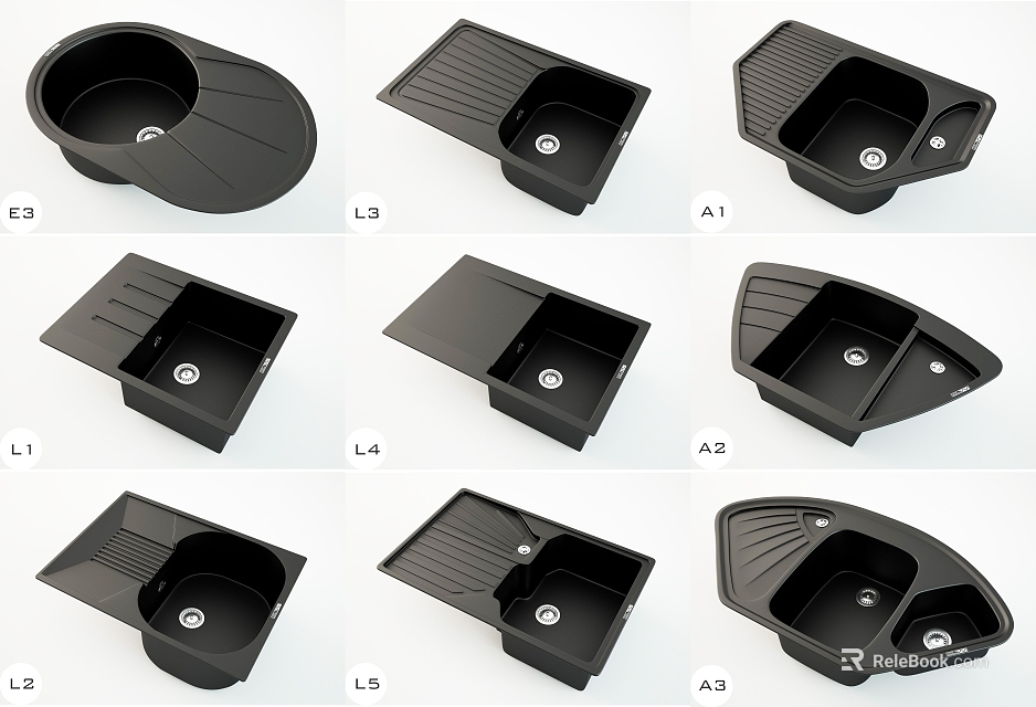 Black Kitchen Sinks with Multiple Models and Various Modern Functional Designs 3d model 
