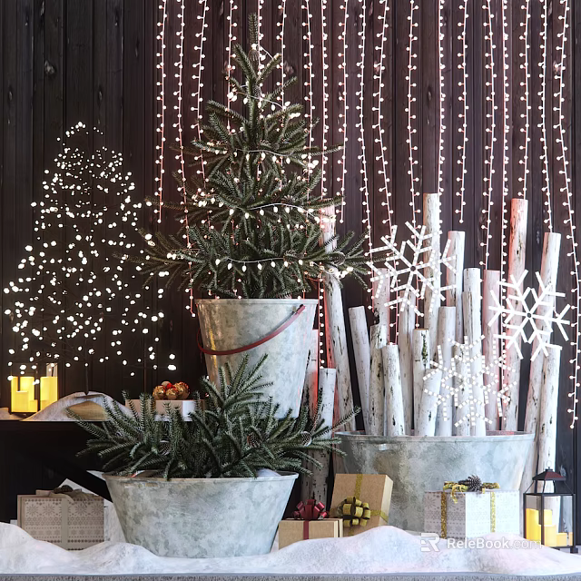 Festive Decorative Ornament Arrangement With Christmas Tree Snowflakes Light Strings Wooden Sticks And Buckets 3d model 
