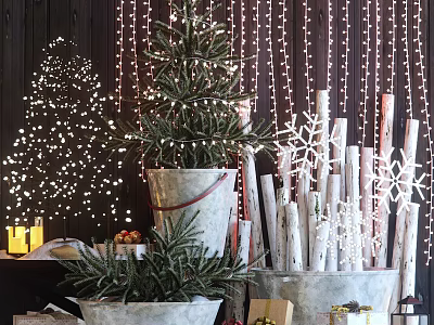 Festive Decorative Ornament Arrangement With Christmas Tree Snowflakes Light Strings Wooden Sticks And Buckets 3d model