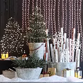 Festive Decorative Ornament Arrangement With Christmas Tree Snowflakes Light Strings Wooden Sticks And Buckets