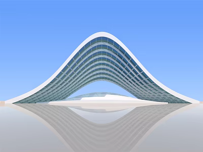 Modern Curved Pergola with Glass Structure and Reflection on Blue Sky Background 3d model