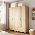 Light Colored Wooden Four Door Wardrobe With Drawer In Modern Bright Bedroom Interior