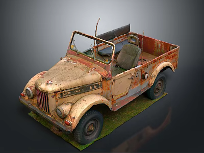 Vintage Rusty Old Jeep With Open Top And Worn Tires On Grass 3d model