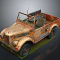 Vintage Rusty Old Jeep With Open Top And Worn Tires On Grass