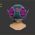 Modern Tech Inspired Blue Head Mounted Helmet With Black Structures And Red Circular Component 3d model