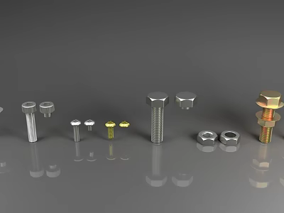 Assorted Metal Bolts And Nuts Featuring Various Sizes And Metallic Finishes 3d model