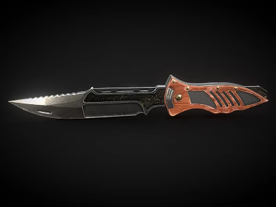 Tactical Knife With Serrated Blade Wooden Handle And Black Metal Accents 3d model