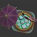Tropical Drink in Decorative Tiki Mug with Purple Umbrella Pink Flower and Fruit Garnish