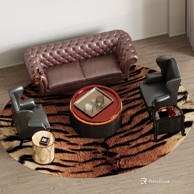 Tufted Brown Leather Sofa and Round Coffee Table Set with Black Armchairs Tiger Print Rug 3d model 