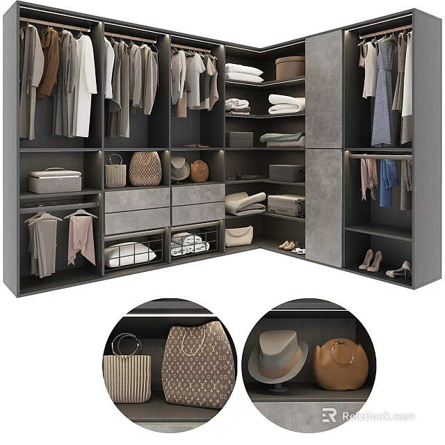 Modern Wardrobe Interior With Hanging Clothes Folded Items Bags Hats Shoes And Drawers 3d model 