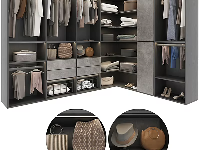 Modern Wardrobe Interior With Hanging Clothes Folded Items Bags Hats Shoes And Drawers 3d model