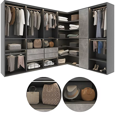 Modern Wardrobe Interior With Hanging Clothes Folded Items Bags Hats Shoes And Drawers 3d model