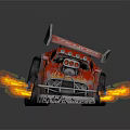 Red Custom Muscle Car With Venom Logo Flame Graphics Exposed Engine And Wheel Flames