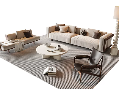 Modern Sofa And Coffee Table Set With Striped Rug Leather Chair And Decorative Pillows 3d model
