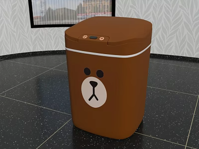 Public Facility Brown Trash Can With Cartoon Bear Face Design For Public Areas 3d model