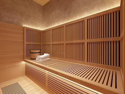 Cozy Wooden Sauna Room Interior With Slatted Benches White Towels And Soft Lighting 3d model