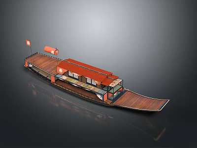 Stylish Chandelier Design For Boat Shaped Building Interior With Red Roof And Wooden Deck 3d model